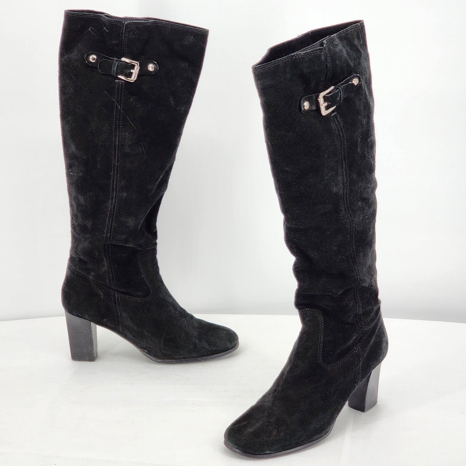 Michael Kors Buckle Suede Leather Black Tall Heeled Boots Size 10